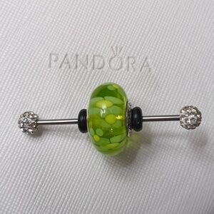 Pandora XL Vintage Silver Green Flowers Murano Glass Charm (2 Listed Separately)